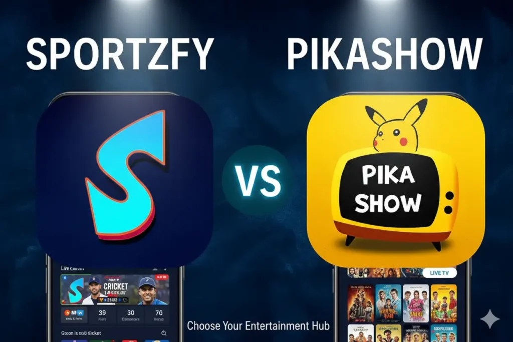 Sportzfy vs Pikashow app comparison showing sports streaming and live TV entertainment platforms