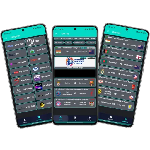 Sportzfy app screens showing live sports streaming categories, match schedules, and highlights on mobile