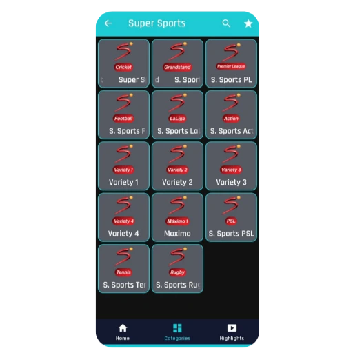 Super Sports app interface showing multiple sports channels categories like cricket, football and tennis