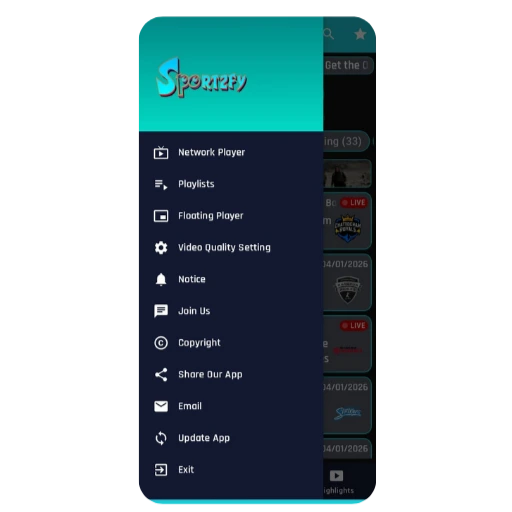 Sportzfy app side menu showing network player, playlists, video settings, update app and exit options.