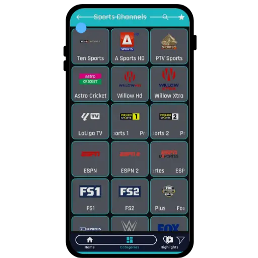 Sports channels app screen showing Ten Sports, PTV Sports, Astro Cricket, Willow HD, ESPN and FS1 logos