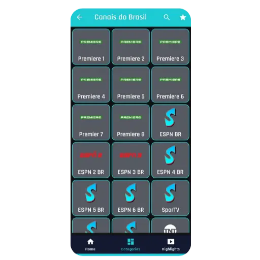 Brazil sports channels app screen showing Premiere 1–8 and ESPN Brasil live TV options
