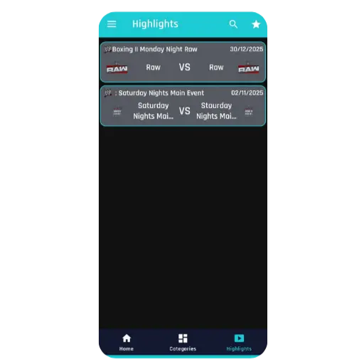 Sportzfy app highlights screen showing WWE Monday Night Raw and Saturday Night Main Event matches