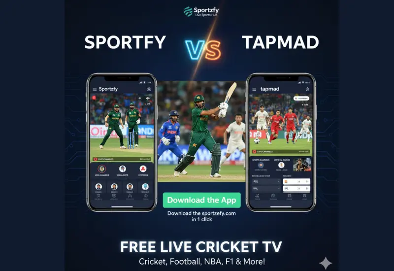 Sportzfy vs Tapmad comparison showing live cricket streaming apps and free sports TV features