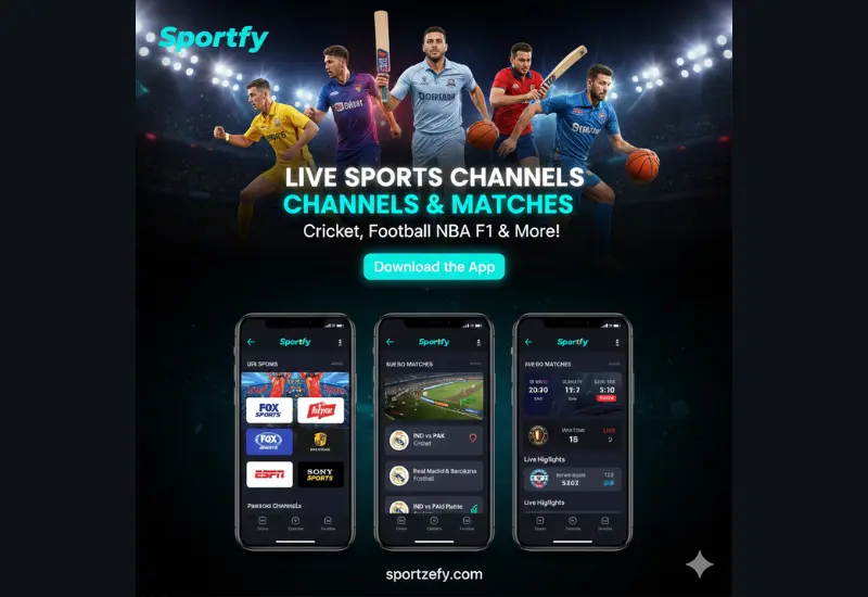 Sportzfy app showing free live sports channels for cricket, football, NBA and F1 matches