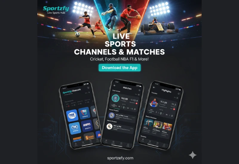 The Sportzefy app interface shows live cricket and football matches with sports channels.