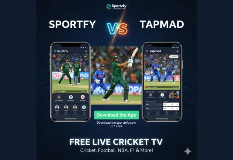 Sportzfy vs Tapmad apps comparison showing free live cricket TV and sports streaming features