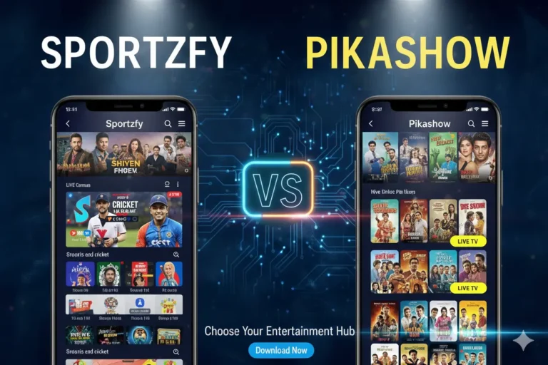 Sportzfy vs Pikashow app comparison showing sports streaming versus movies and live TV content