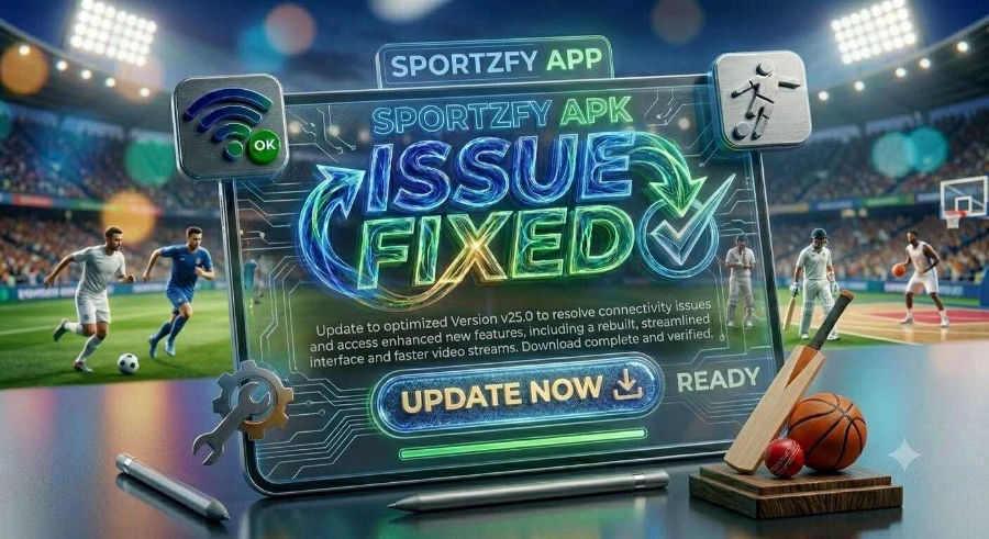 Sportzfy APK Not Working update banner showing fixed connectivity issue and improved streaming interface