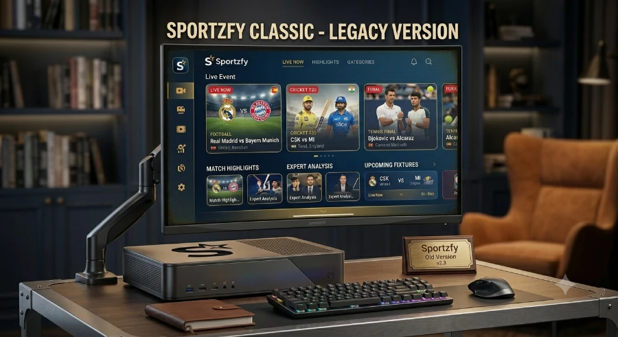 Sportzfy Classic legacy version v2.3 dashboard displaying live football and cricket match highlights