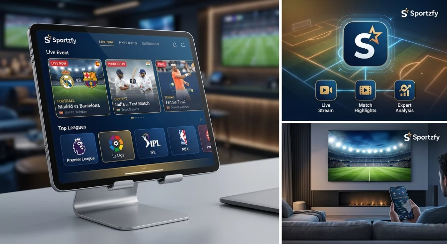 Sportzfy app live sports streaming interface on tablet showing football, cricket and tennis matches
