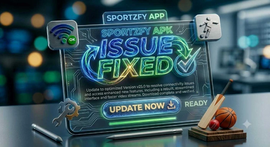 Sportzfy APK version 25.0 update screen confirming fixed issues and faster video streaming