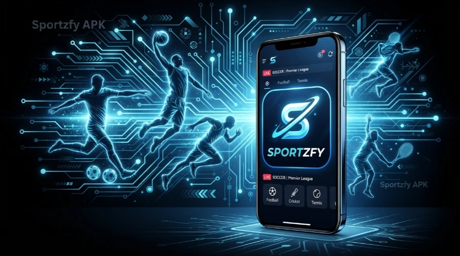 Sportzfy APK app on smartphone with live football, cricket, and tennis streaming and glowing sports player silhouettes