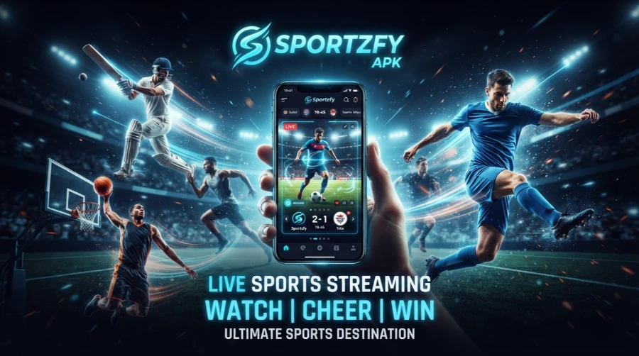Sportzfy APK live sports streaming app showing football cricket and basketball with watch cheer win tagline