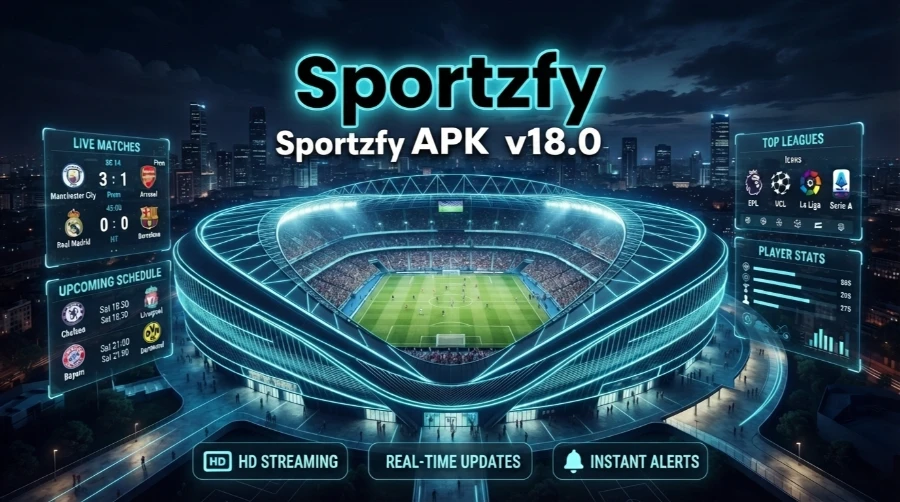Sportzfy APK v18.0 stadium banner showing live match scores EPL UCL La Liga Serie A HD streaming and real-time updates
