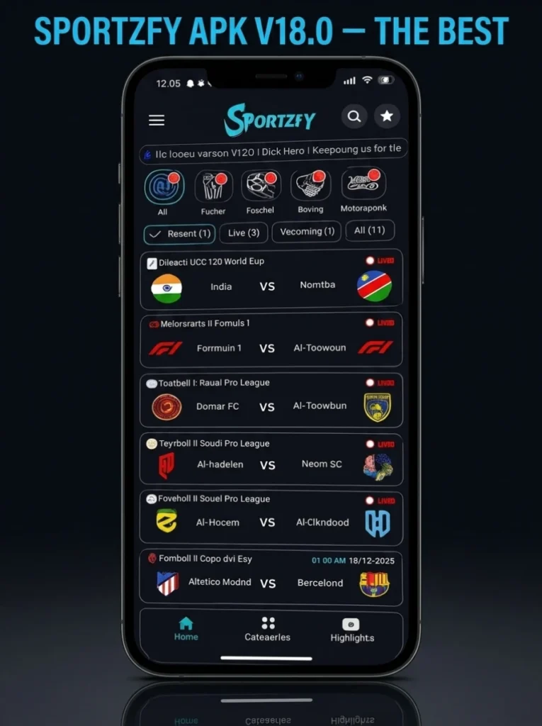 Sportzfy APK V18.0 app interface showing live sports matches including cricket football and Formula 1 on smartphone